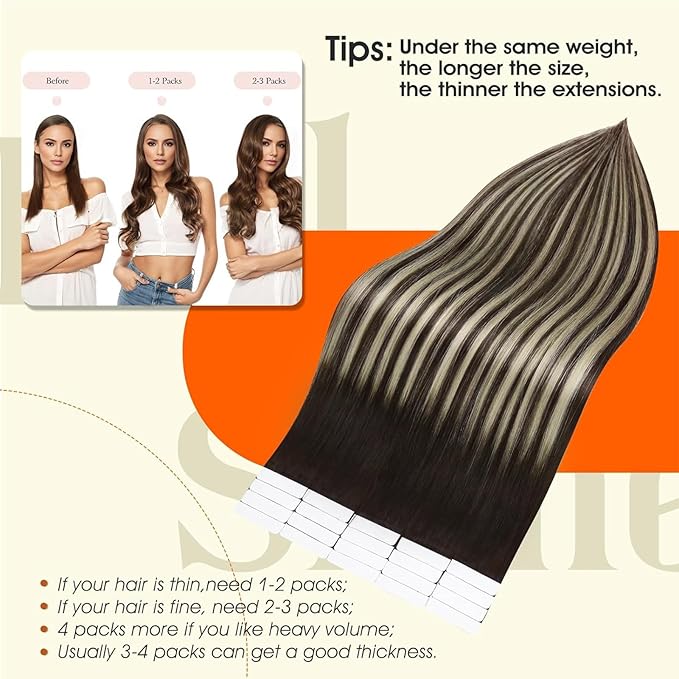 Full Shine Human Hair Tape in Extensions Seamless Tape in Hair Extensions Real Human Hair Color 2 Brown to 60 Blonde And 2 Brown 50G Invisible Tape ins Human Hair 22Inch Double Sided Tapes 20Pcs