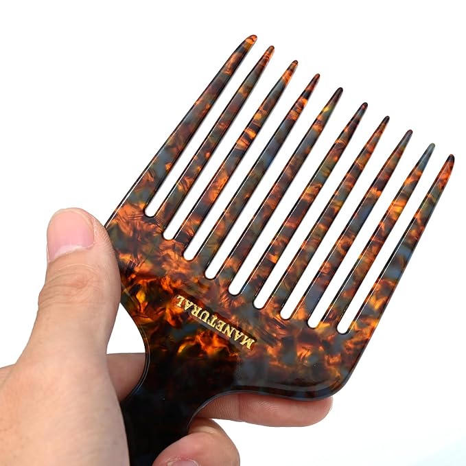 14N Long Tooth Comb, 2 PACK, Tortoise A, Cellulose Acetate, Hair Pick for Wavy, Kinky, Curly, Afro Hair - Women, Kids & Men's Beard, Handmade Saw Cut Hand Polished
