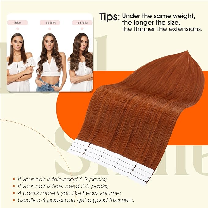 Full Shine Tape in Human Hair Extensions Invisible Tape in Hair Extensions Color 550 Copper Natural Adhesive Skin Weft 22Inch Seamless Remy Extension 50Gram 20Pcs for Wedding