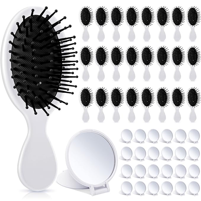 Meanplan 48 Pcs Mini Hair Brush Set 24 Travel Wet Dry Hair Combs Pocket Detangling 24 Compact Folding Makeup Mirrors for Spa Sleepover Birthday Bridal Shower Bachelorette Christmas Party Gift(White)