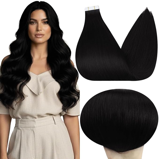 Full Shine Human Hair Tape in Extensions 24Inch Long Hair Extensions Color 1 Jet Black Invisible Tape in Hair Extensions Remy Hair 40Pcs Skin Weft Human Hair Extensions 100G Add Length