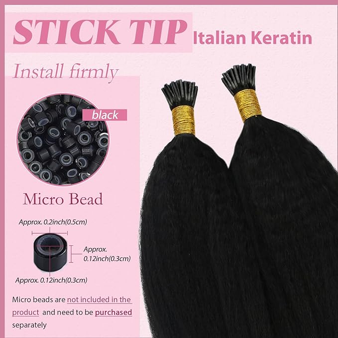 YoungSee I Tip Hair Extensions Kinky Straight Black Itip Hair Extensions Real Human Hair Black 20In 50g I Tip Hair Extensions Human Hair Kinky 50s Invisible Hair Extensios Yaki Straight for Wedding