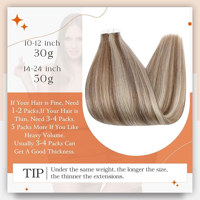Full Shine Tape in Hair Extensions Human Hair Color 10P613 Golden Brown Highlighted Bleach Blonde Tape in Extensions 20 Inch Hair Extensions Tape ins Natural Invisible Skin Weft Hair 50G 20pcs