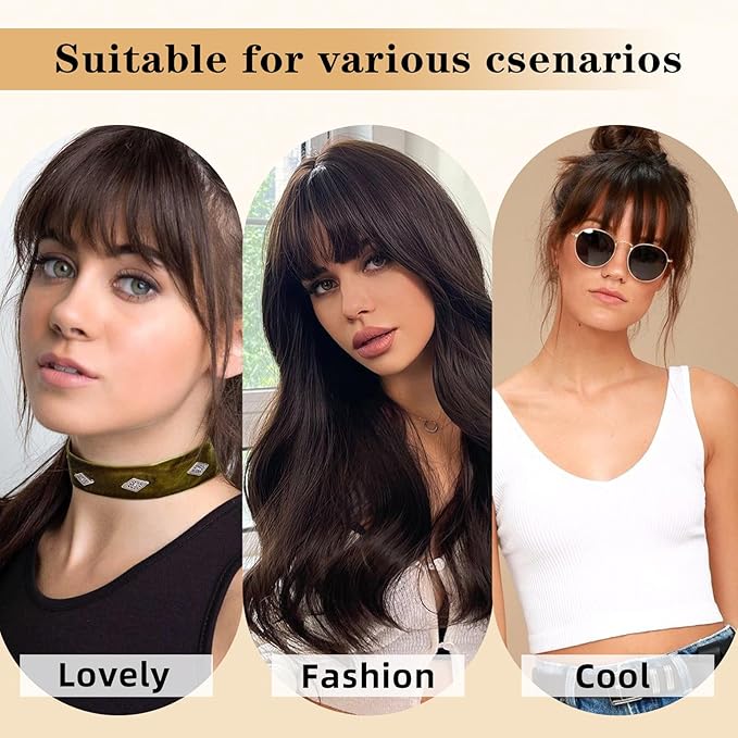 NAYOO Clip In Bangs Real Human Hair, Darkest Drown Wispy Bangs Fringe with Temples Hairpieces for Women Natural Curved Hair Extensions for Daily Wear