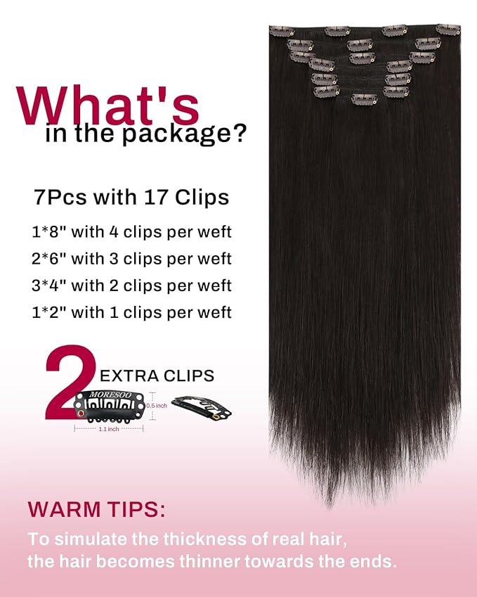Moresoo Clip in Hair Extensions Real Human Hair Dark Brown Hair Extensions Clip ins Remy Human Hair Dark Brown Full Head for Women Straight 120g/7pcs 16 inch