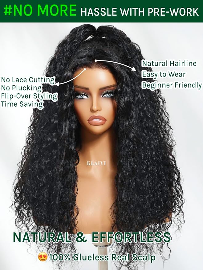 KLAIYI Water Wave 3 In 1 Flip Over 3/4 Half Wig Human Hair Curly Flip Over Seamless Blend Edges Glueless Wear and Go Drawstring Headband Clip In Wigs for Women Ready to Go Wig Beginner Friendly 26Inch