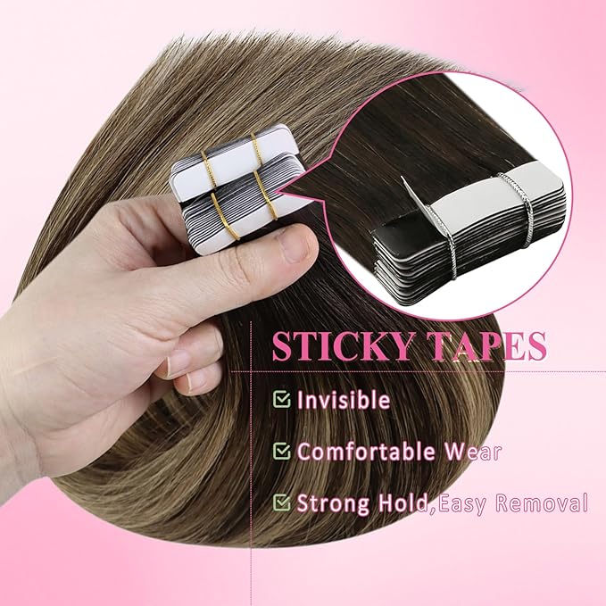 YoungSee Tape in Extensions Human Hair Brown Balayage Human Hair Tape in Extensions Dark Brown to Caramel Blonde Ombre Tape in Extension 18 Inch Adhesive Hair Extension for Natural Looking 20pcs 50g