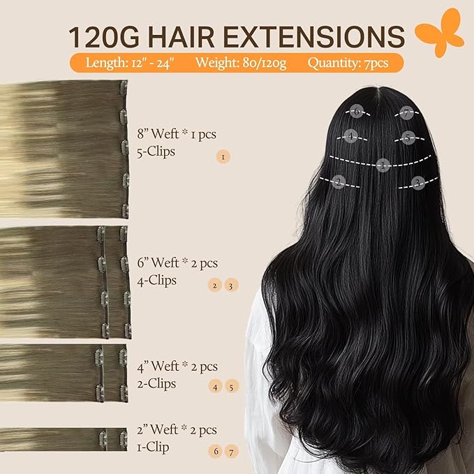 DOORES Human Hair Extensions Clip in, Ash Brown to Platinum Blonde 14 Inch 100g 7pcs, Real Clip in Extensions Straight Natural Hair