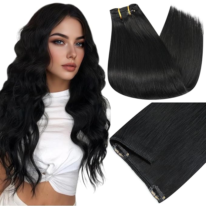 Full Shine Jet Black Clip in Hair Extensions Human Hair 22 Inch 220 G Human Hair Clip ins for Black Women for Volume 7 Pcs