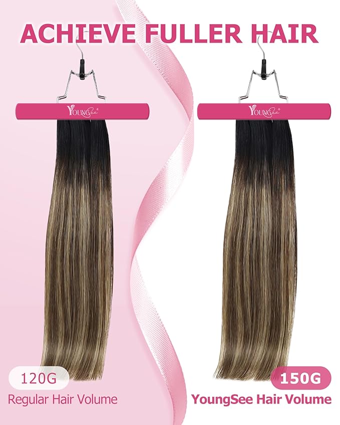 YoungSee Balayage Clip in Hair Extensions Ombre Clip in Hair Extensions Real Human Hair Black Fading to Brown with Caramel Blonde Short Straight Hair Extension Clip ins 85G 7Pcs 12In