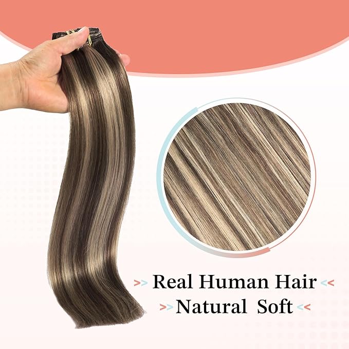 XDhair Clip in Hair Extensions Human Hair 140g 7pcs 14 Inch Chocolate Brown to Caramel Blond Clip in Real Hair Extensions #4p27/14 inch