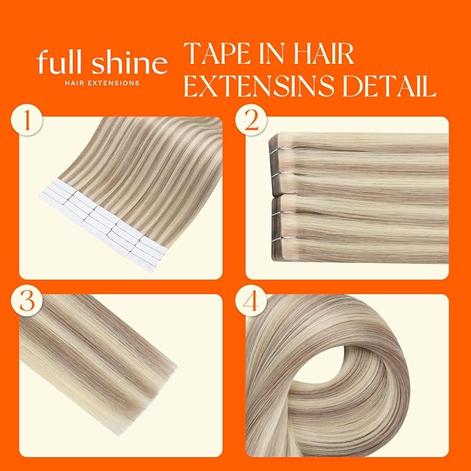 Full Shine Injected Remy Tape in Human Hair Extensions 18 Inch Color 18/613 Ash Blonde and Light Blonde Injection Double Sided Tape in Hair Extensions Skin Weft 50 Grams 20 Pcs for Wedding
