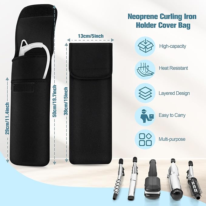 Women's Heat Resistant Neoprene Curling Iron Holder Flat Iron Curling Wand Travel Storage Cover Case Bag Pouch -Water-Resistant (Black)