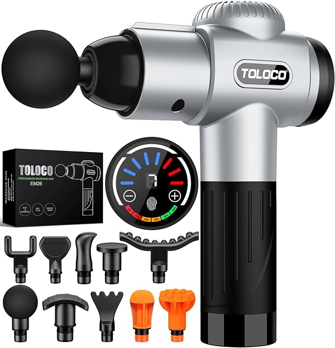 TOLOCO Massage Gun, Muscle Massage Gun Deep Tissue for Athletes with 10 Massage Heads, Electric Percussion Massager for Any Pain Relief, Christmas Gifts for Women, Men, Silver