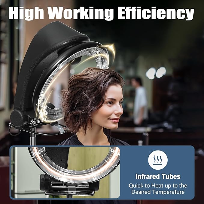 Freestanding Infrared Hair Hood Dryer with Digital Control - 6-Temp Salon Hair Steamer & Processor for Home/Professional Use | Mobile Base, Adjustable 55"-65" Pole, US Plug