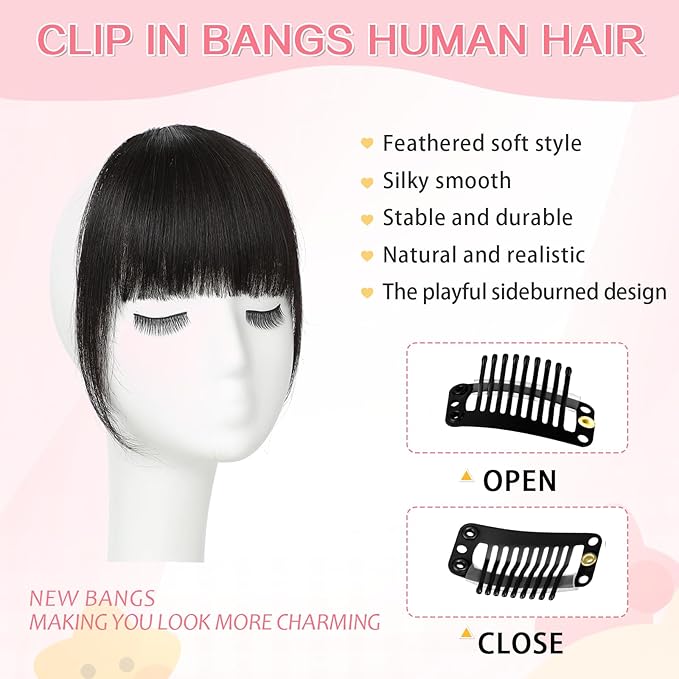 Clip in Bangs 100% Real Human Hair, French Bangs Hair Clip, Fake Bang Fringe with Temples Hairpieces for Women Daily Wear (Natural Black, French Bangs)