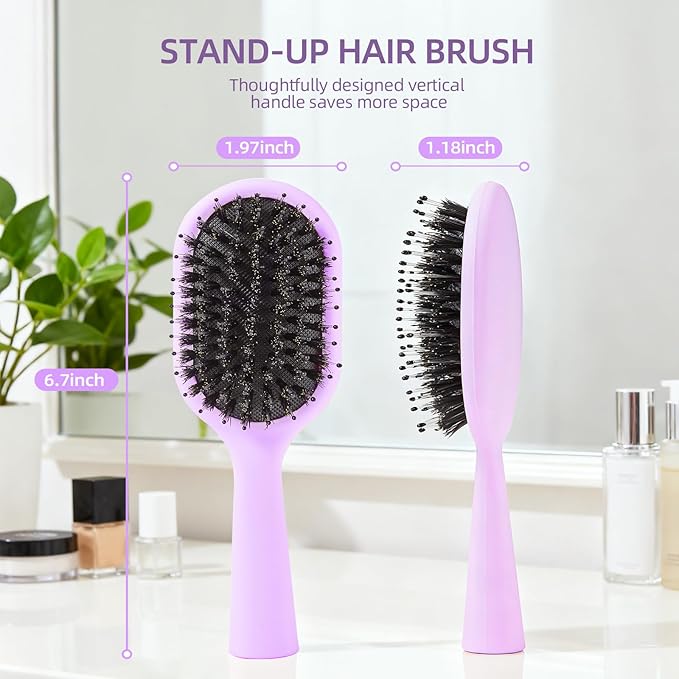 Boar Bristles Hair Brush for Women and Men, Detangling Hair Brush for Smoothing Massage Add Shine, Nylon&Boar Bristles Detangler brush for Hair Healthy (Medium-Purple)