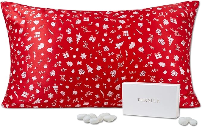 THXSILK Christmas Style 6A+ Grade Mulberry Silk Pillowcase for Hair and Skin, 22 Momme 100% Pure Silk Pillow Case with Hidden Zipper, Christmas Holly Printed Pillow Cover, Red， Queen