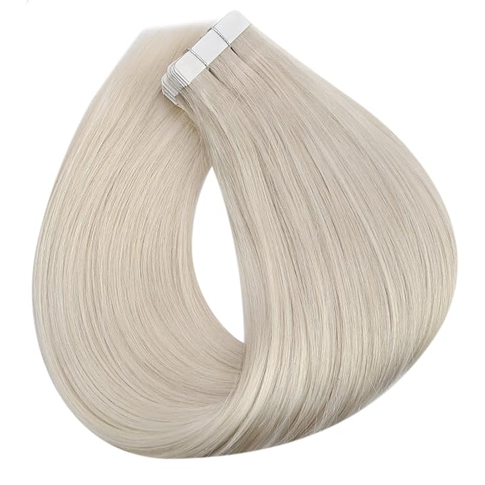 Full Shine Thick Tape in Hair Extensions Human Hair 24 Inch Color 1000 White Blonde Double Sided Tape in Extensions Invisible Seamless Real Remy Skin Weft 20Pcs Add Length Silky Soft