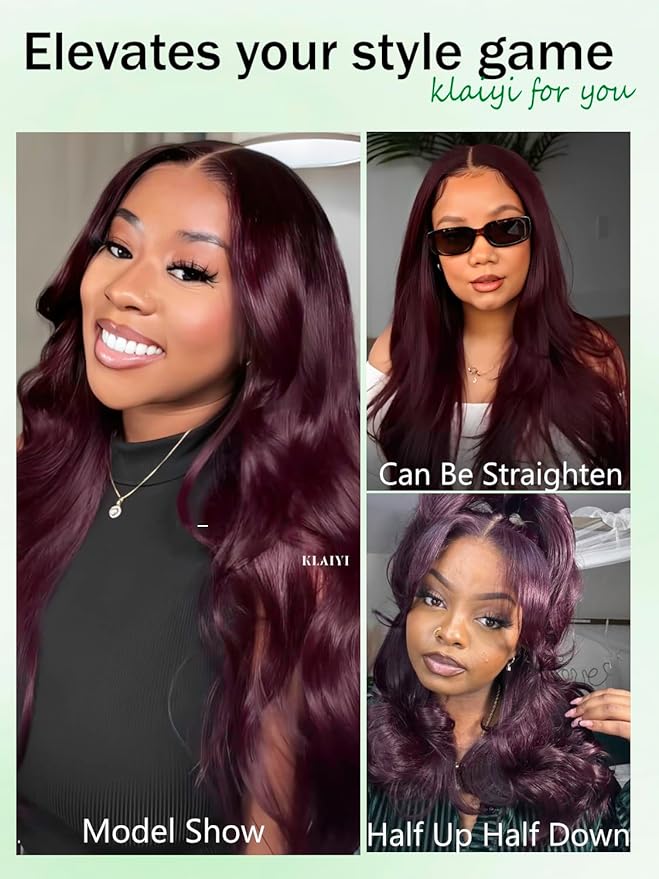 KLAIYI Black Cherry Loose Body Wave Bye Bye Knots Glueless Wig 7x5Precut Lace Front Wigs Human Hair Drawstring Pre Plucked Bleached 30S Ready to Wear and Go Wig with Face Framing Bangs Burgundy 20Inch