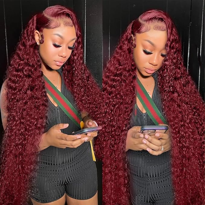36 Inch 99J Burgundy Lace Front Wigs Human Hair Red Burgundy Wig 200% Density 13x6 Deep Wave Lace Front Wigs Human Hair Pre Plucked Glueless Lace Frontal Wigs for Women