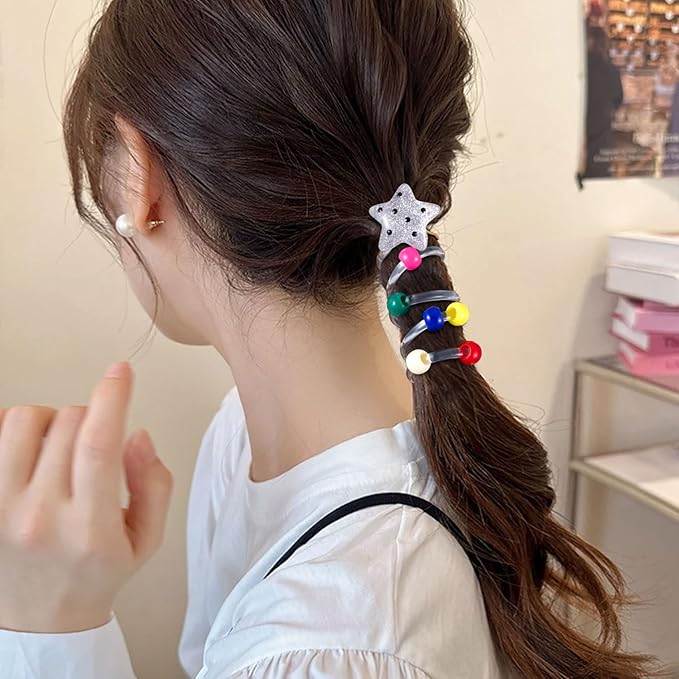 4PCS Star Heart Spiral Hair Ties with Beads, 2 Colors Star Heart Bead Phone Cord Ponytail Holders for Women, Elegant Rubber Hair Coils, Stylish Hair Accessories for Party, Daily Use