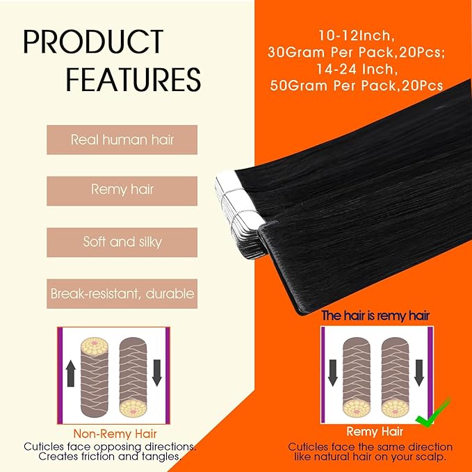 Full Shine Black Injection Tape in Hair Extensions Real Human Hair Color 1 Jet Black Seamless Invisible Skin Weft Machine Remy Injected Tape Extensions for Women 20Inch 50Gram 20Pcs