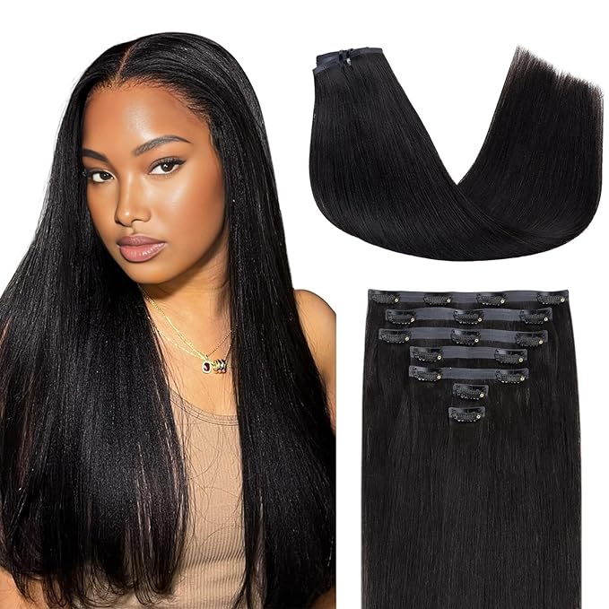 Lashey Seamless Clip in Hair Extensions Human Hair #1 Jet Black Light Yaki Straight Clip in Hair Extensions Real Human Hair 7pcs 110g 16 Inch PU Weft Natural Hair Extension for Women