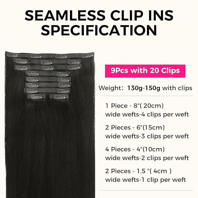 Lashey Seamless Clip in Human Hair Extensions 130g 9pcs Remy Hair Extensions 100% Real Human Hair, Straight #1B Natural Black Clip in Hair Extensions Human Hair 18 Inch Smooth Hair Extension