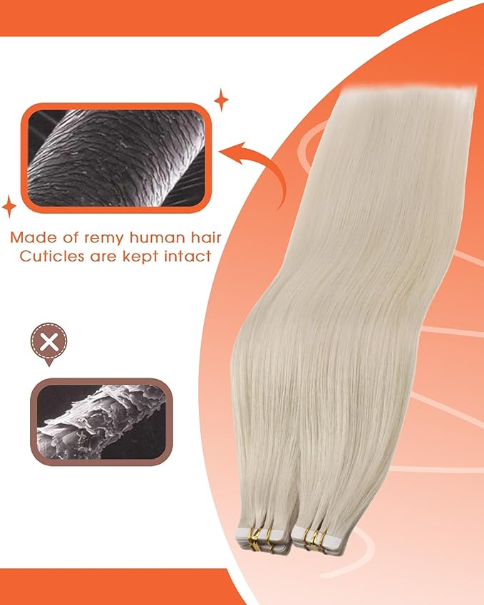 Sunny Hair Tape in Hair Extensions Real Human Hair Invisible Remy Hair Extensions Tape ins for Women White Blonde 20 inch 25G