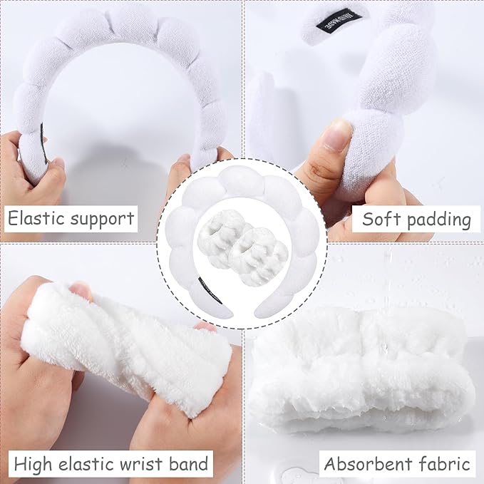 Zkptops Spa Headband for Washing Face Wristband Sponge Makeup Skincare Headband Bubble Soft Terry Cloth Hairband Christmas Birthday Gift for Women Girls Fashion Puffy Non Slip Thick Headwear (White)