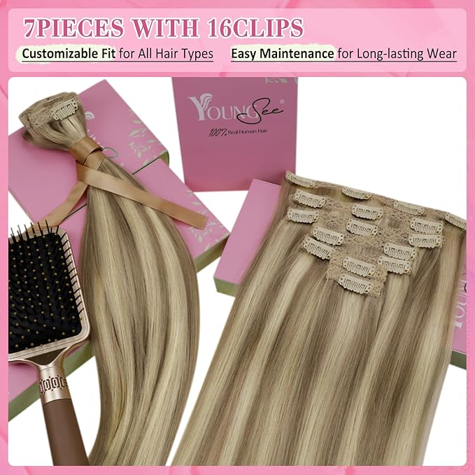 YoungSee Clip in Hair Extensions Highlight Human Hair Clip in Extensions Light Brown with Highlight Blonde Straight Hair Extensions Real Human Hair Clip ins for Short Hair 12Inch 7Pcs 85G