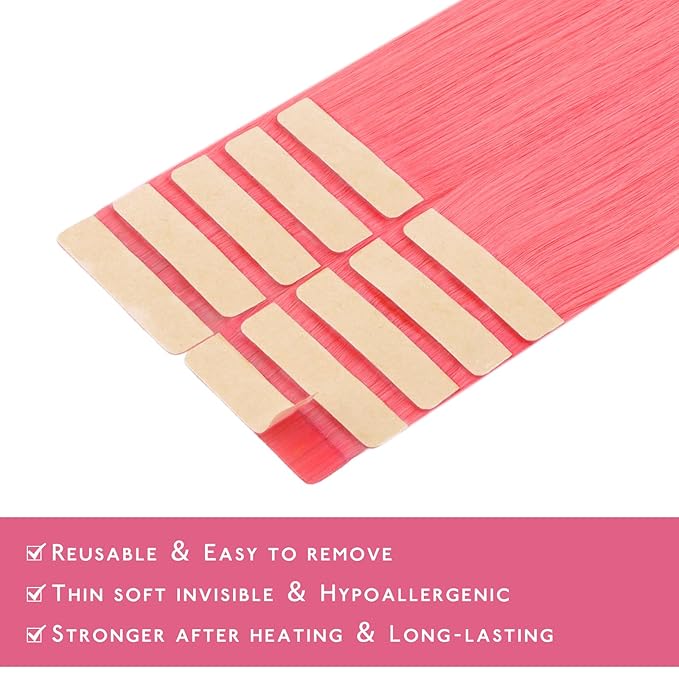 WENNALIFE Tape in Hair Extensions Human Hair Light Pink Tape in Extensions, 10pcs 25g 18 inch Remy Invisible Tape Ins Straight Colored Soft Real Human Hair Tape in Extensions Refill Set Extensions