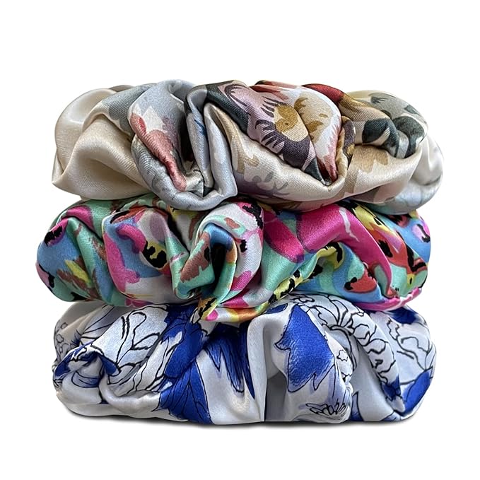 Suncdelv Silk,100% Silk Scrunchies for Hair,22 Momme Hair Ties for Anti-Crease & Breakage,Natural Women Hair Accessories，Fashion Hairbands 3PCS （watercolour）