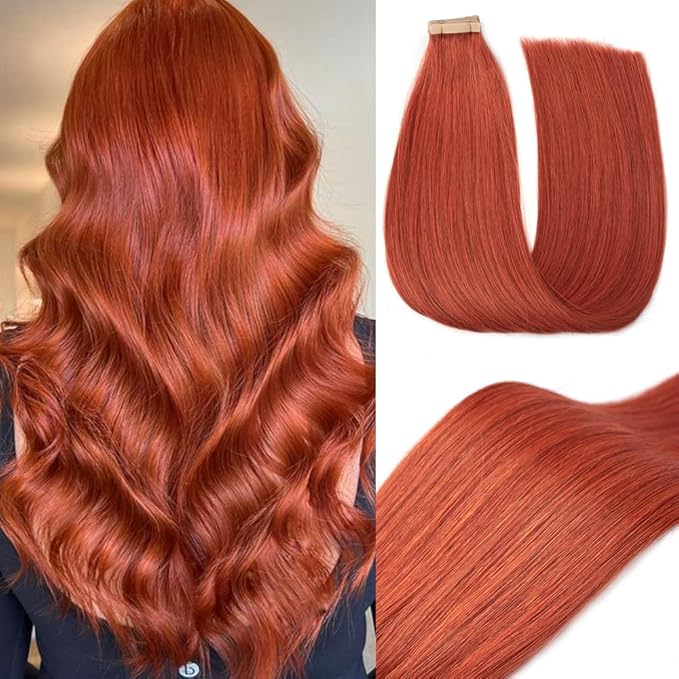 Tape in Hair Extensions Human Hair, Copper 20pcs 18 Inch Tape Ins for Women Human Hair Extensions Invisible Straight Seamless Skin Weft Remy (350#, 18 Inch)