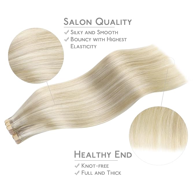 WENNALIFE Tape in Hair Extensions Human Hair, 40pcs 100g 20 inch Ash Blonde Highlighted Platinum Blonde Hair Extensions Real Human Natural Hair Straight Tape in Invisible Extensions