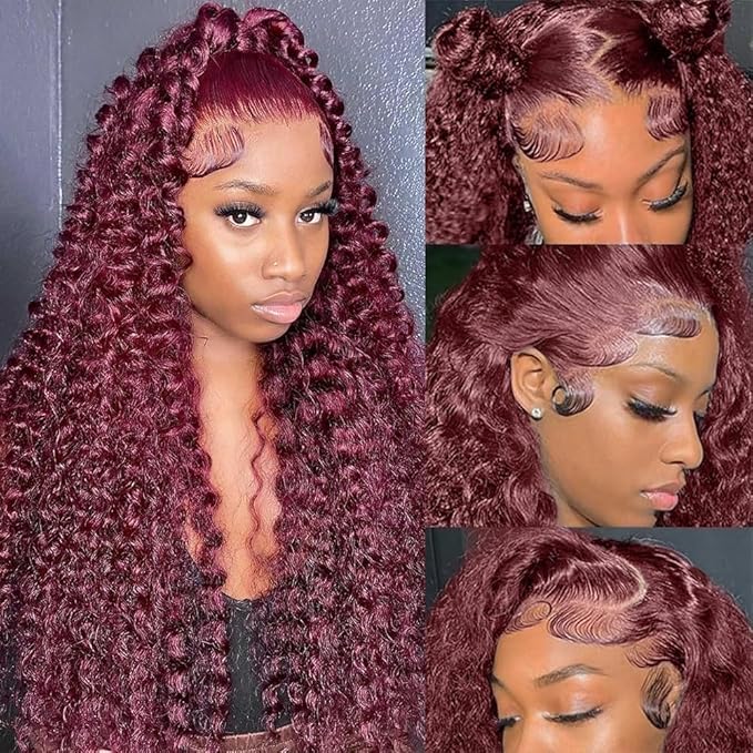 34 Inch 99J Burgundy 13x6 Lace Front Wigs Human Hair Red Burgundy Wig 200% Density Deep Wave Lace Front Wigs Human Hair Pre Plucked Glueless Lace Frontal Wigs for Women