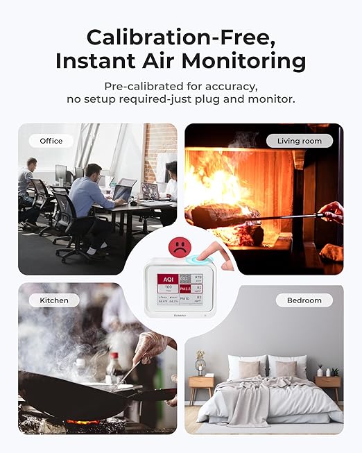 Air Quality Monitor Indoor, Portable Tester for CO2, CO, PM2.5, PM10, HCHO, TVOC, Temp & Humi, E-Ink Display with 3-Color Emoji Indicators, WiFi App Control, Air Quality Meter for Home/Office
