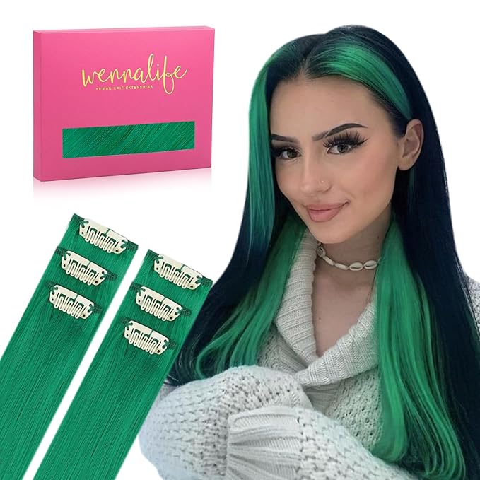 WENNALIFE Green Clip in Hair Extensions Real Human Hair 35g 6pcs 22 Inch Colored Hair Extensions for Kids Women Colorful Hair Pieces Pop-up Style Straight Extensiones De Cabello Humano Con Clip