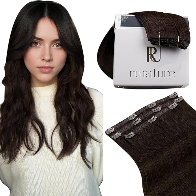 RUNATURE Brown Clip in Hair Extensions, Real Hair Extensions Clip Ins, Double Weft Human Hair Clip in Extensions, Remy Natural Hair for Women, Tangle-free Hair, 14 Inch 50g 3pcs #2 Dark Brown