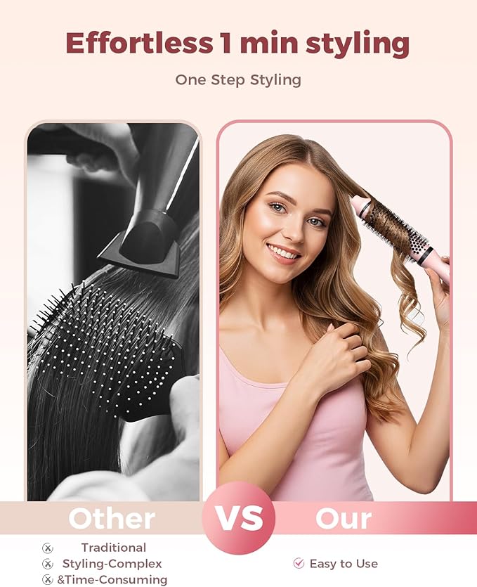 Bopcal Dual Voltage Thermal Brush, 1.5 Inch Heated Round Brush for Blowout Look, Heated Curling Styler with Negative Ions & Ceramic for Volumizing, 6 Temps & Auto Shut-Off, No Damage,Peach Pink