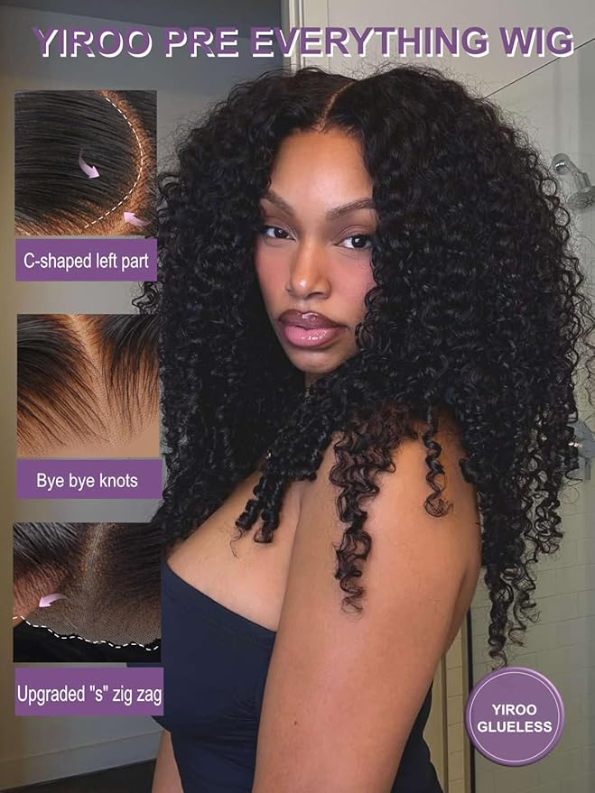 YIROO Burmese Bye Bye Knots Curly Wig Human Hair with Finger Coil Ends,Glueless Wig Human Hair Pre Plucked Pre Cut 7x5 Lace Front Wig Pre Bleached Wear and Go Beginner Friendly 150% Density 26Inch