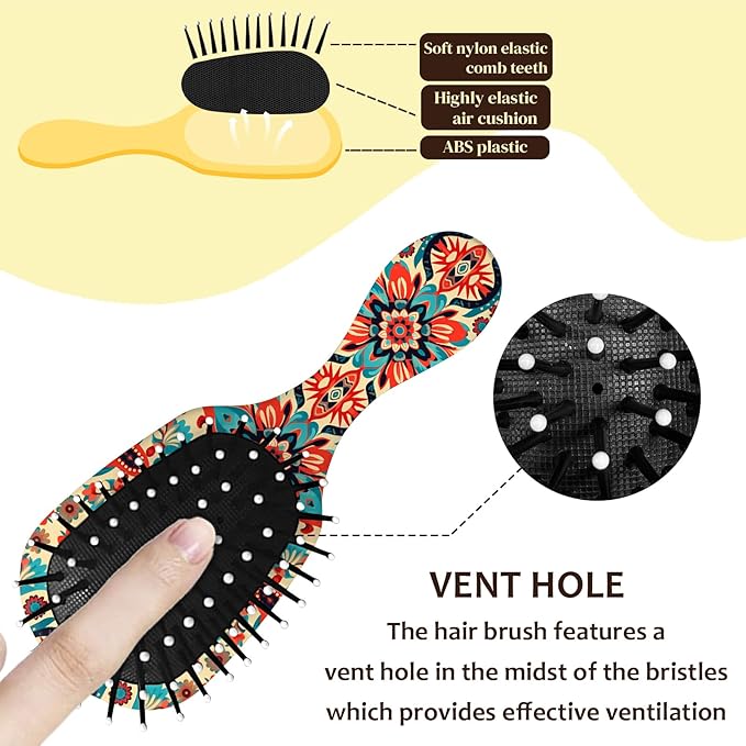 Mini Hair Brush,Cute Detangling Travel Hair Brush,Soft Bristles for Effortless Tangle Removal,Detangler Hairbrush for Women Men Boys Girls Kids Wet Dry All Hair Types (Red Bohemia, Mini)