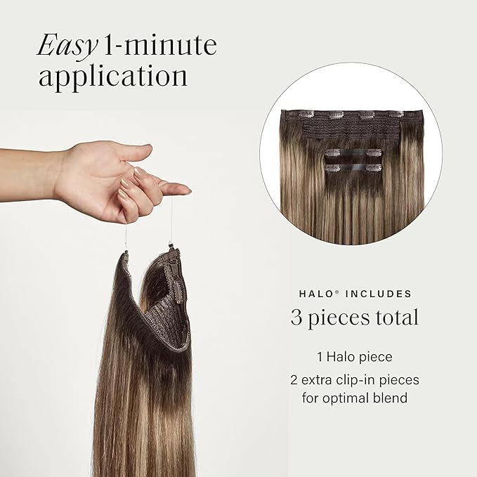 Luxy 100% Remy Human Hair – Halo Clip-In Hair Extensions –Natural Looking Volume & Length - One-Piece - Easy 5-Min Application 140 grams 16" Dimensional Rooted Sunkissed Brown