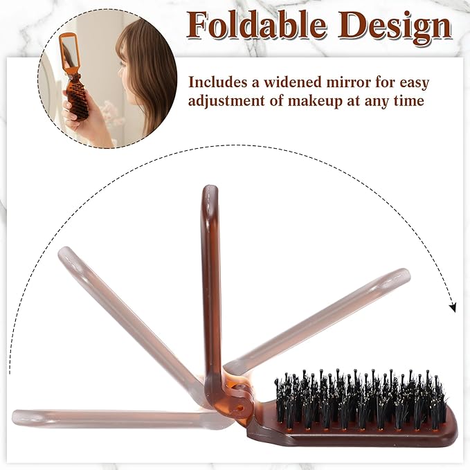 Nuenen 4 Pcs Folding Hair Brush with Mirror Portable Mini Hair Brush Small Compact Pocket Comb for Family Travel Car Gym Wig Bag Purse Gift Women(Tortoiseshell,Boar Bristles)