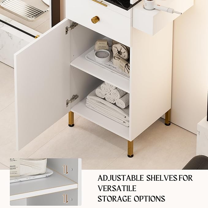 Paddie Barber Station Hair Salon Station, Salon Stations for Hair Stylist, Beauty Salon Spa Equipment w/Glass Shelf, 2 Storage Cabinet & Drawers, 6 Hair Dryer Holders for Hair Styling（White）