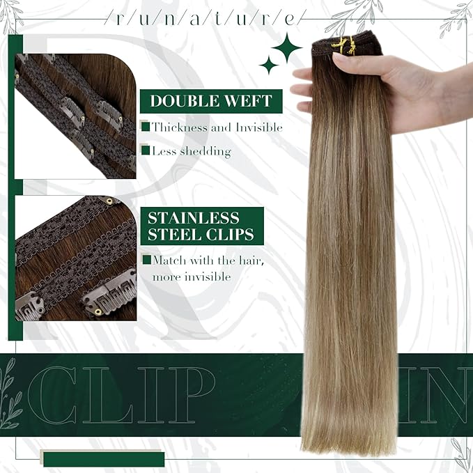 RUNATURE Clip in Hair Extensions Human Hair Balayage Clip in Human Hair Extensions for Women Soft Remy Natural Hair Straight 16 Inch 50g 3pcs #3/8/22 Walnut Brown to Blonde Balayage