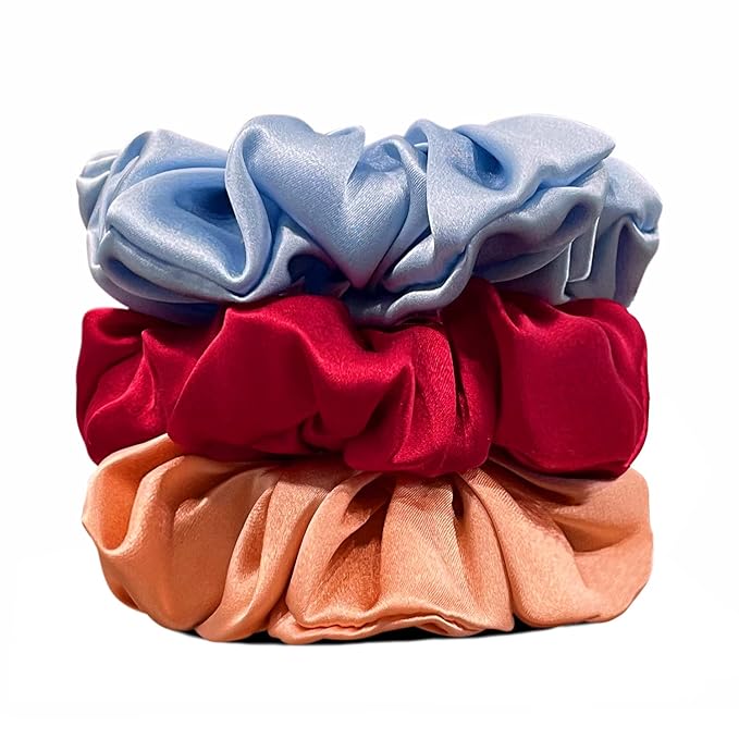 Suncdelv Silk,100% Silk Scrunchies for Hair,22 Momme Hair Ties for Anti-Crease & Breakage,Natural Women Hair Accessories，Fashion Hairbands 3PCS(Blue,Red,Pink）
