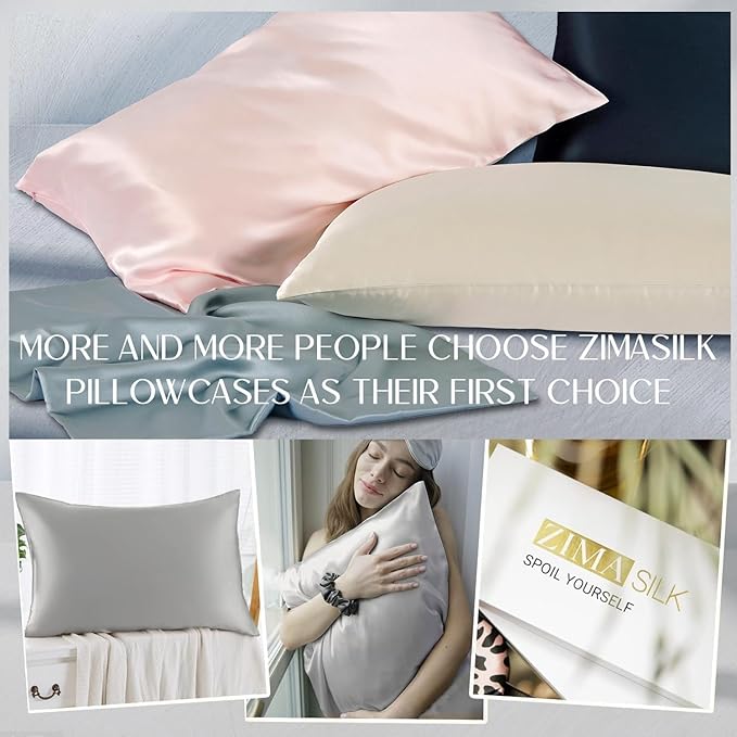 ZIMASILK 100% Pure Mulberry Silk Pillowcase for Hair and Skin Health,Soft and Smooth,Both Sides Premium Grade 6A Silk,600 Thread Count,with Hidden Zipper,1pc (King 20''x40'', Gray)