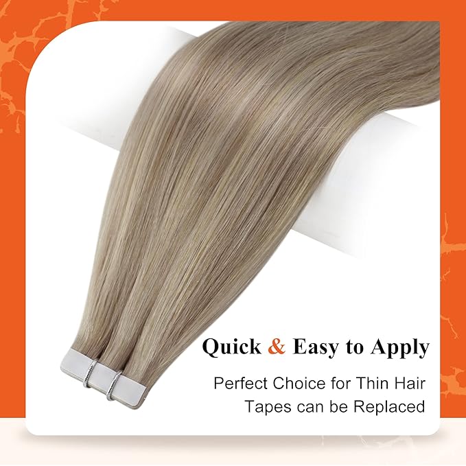 Full Shine Seamless Remy Hair Extensions Tape in Color 18/613 Ash Blonde Mix With Blonde Natural Hair 14Inch Tape in Real Human Hair Extensions Double Side Tape Extensions 20Pcs 50Grams Add Volume